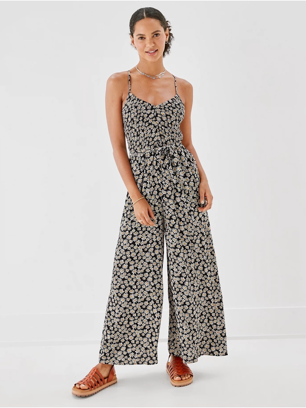 American Eagle Black Floral Smocked V-Neck Wide-Leg Jumpsuit